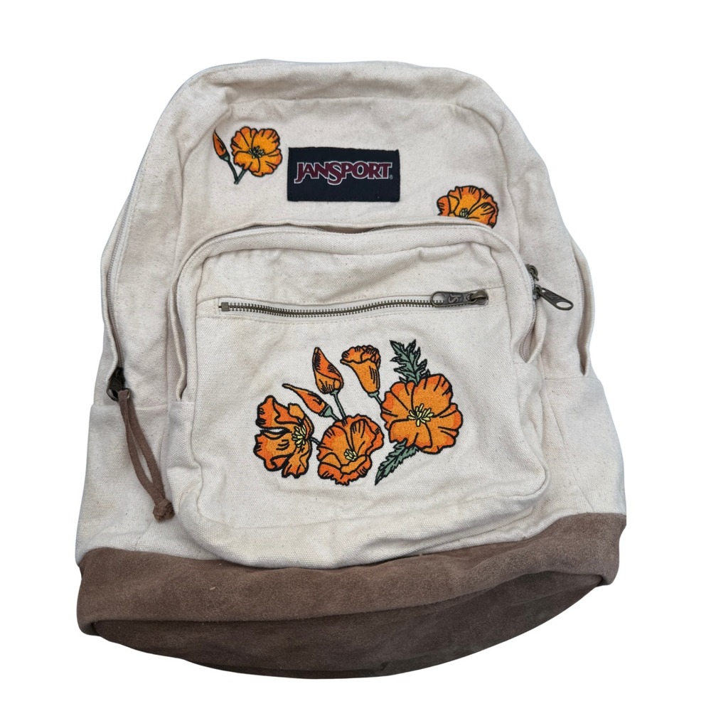 JanSport Right Pack Canvas Backpack Embroidered Poppy Flowers Suede Bottom Boho
